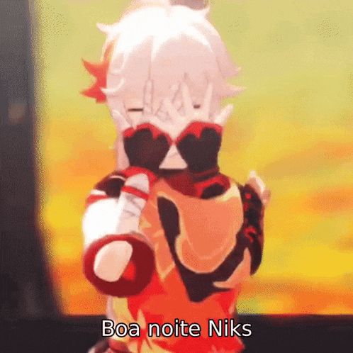a cartoon character is making a peace sign and the words boa noite niks are on the bottom .