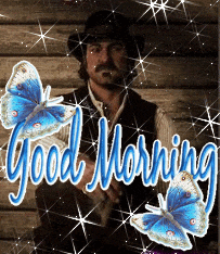 a man in a hat and vest is surrounded by blue butterflies and the words good morning