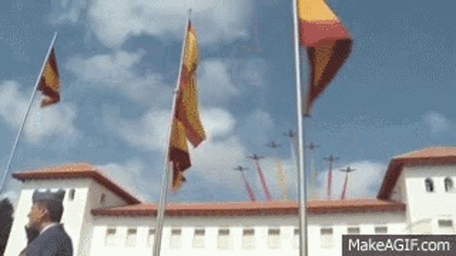 several flags are flying in front of a building