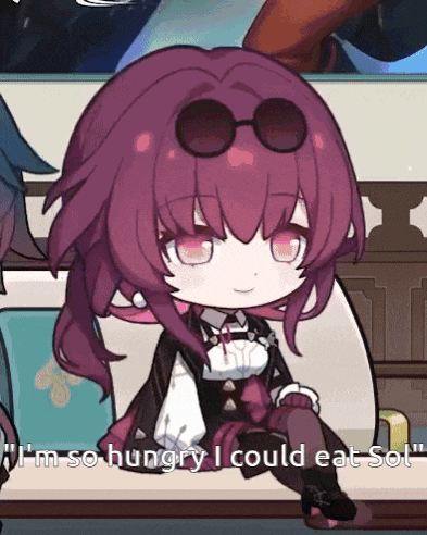 a girl with purple hair and sunglasses says i 'm so hungry i could eat so