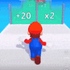 a cartoon character is running in a video game with a score of 20 and 2 .
