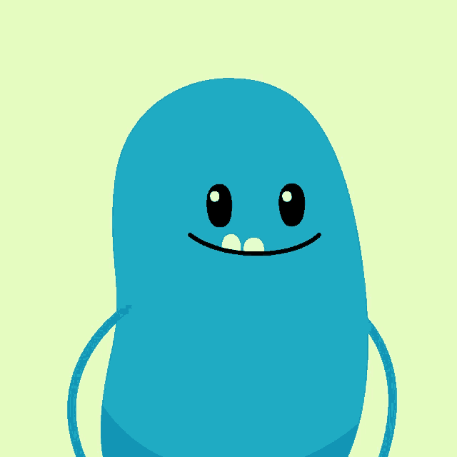 a blue cartoon character with a smiling face and white teeth