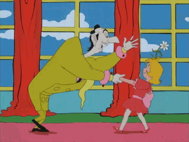 a cartoon of a man in a yellow suit hugging a girl in a pink dress