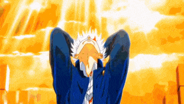 a man in a blue jacket and tie is looking up at the sky with his hands behind his head