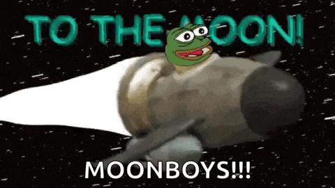 a cartoon frog is flying on top of a rocket with the words `` to the moon ! moonboys ! ''