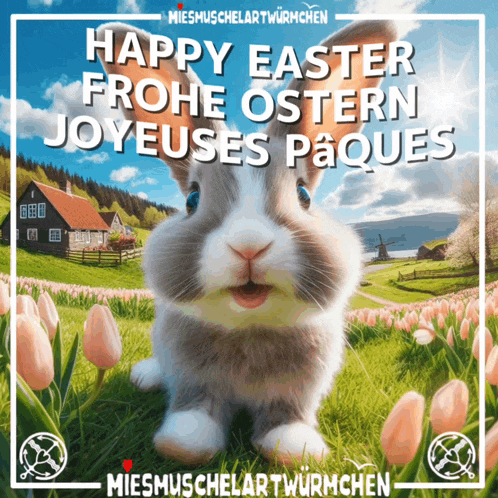 a picture of a rabbit with the words happy easter frohe ostern joyeuses paques on it