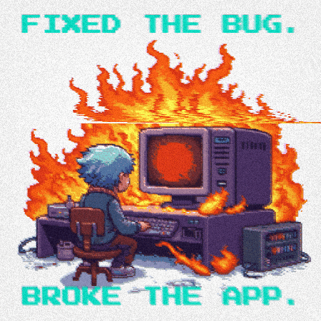 a pixel art illustration of a boy sitting in front of a burning computer with the words fixed the bug broke the app