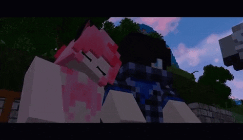 a boy and a girl are standing next to each other in a minecraft game .