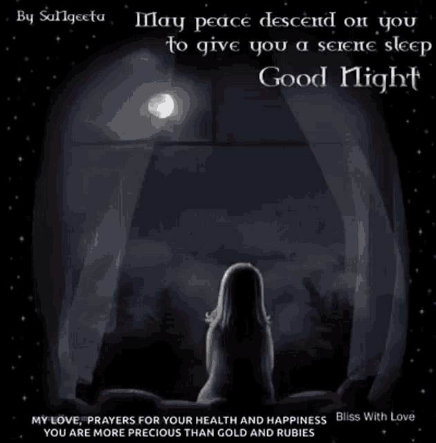 a girl is sitting on a bed looking out a window at the moon .