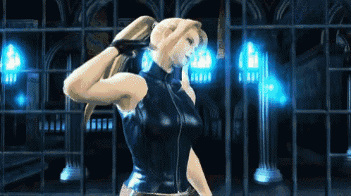 a video game character is standing in front of a window with blue lights behind her .