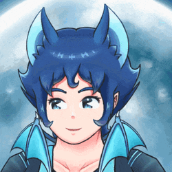 a cartoon drawing of a girl with blue hair and horns