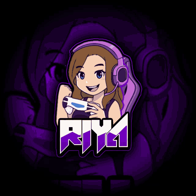 a girl wearing headphones is holding a video game controller and the letter r is on the bottom