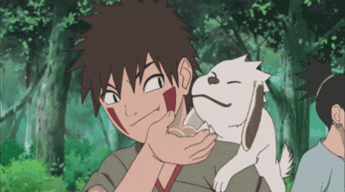 a cartoon character holding a small white dog