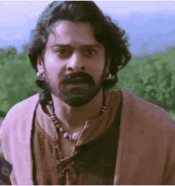 a man with a beard and a necklace is standing in a field and looking at the camera .