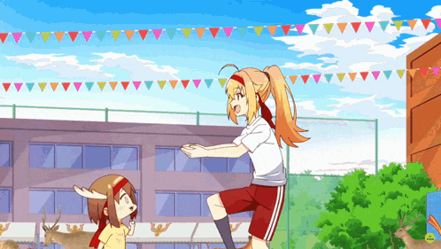 a girl in a white shirt and red shorts stands next to a little girl in a yellow shirt