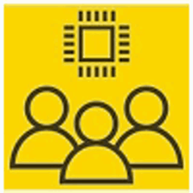 a group of people standing next to each other on a yellow background with a square in the middle .