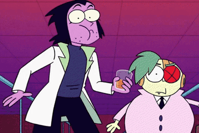 two cartoon characters are standing next to each other and one is holding a glass of whiskey