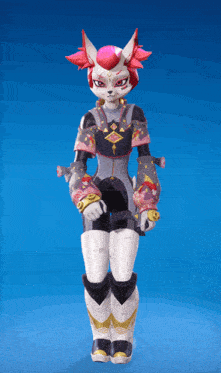 a cartoon character with pink hair and a sword is standing in front of a blue background