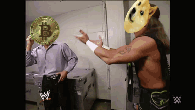 a wrestler with a doge on his head and a bitcoin on his head