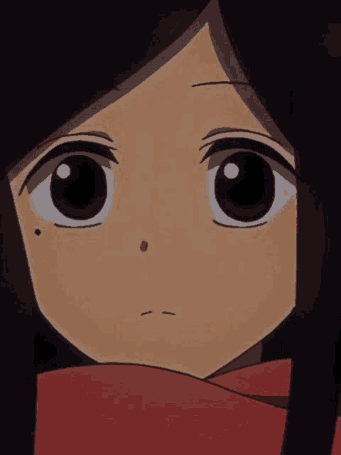 a close up of a cartoon character 's face with a red scarf around her neck