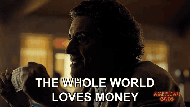 a poster for american gods shows a man holding a stack of money