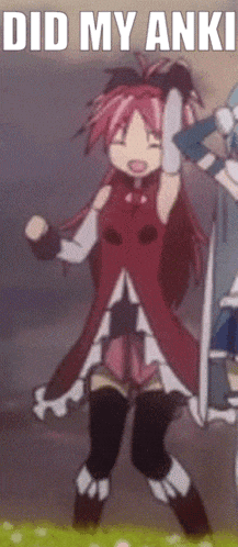 a girl in a red dress is dancing with the words did my anki in the background