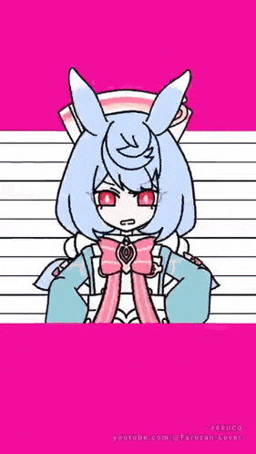a drawing of a girl with bunny ears and red eyes on a pink background