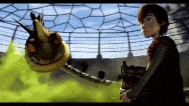 a boy is standing next to a dragon in a cage in a cartoon scene from how to train your dragon .