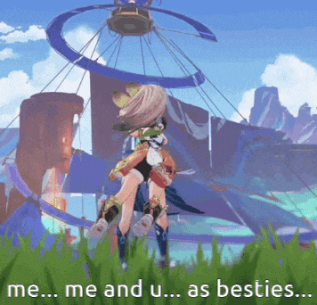 a video game character is standing in the grass with the words me me and u as besties written below her