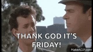 two men in suits and hats are standing next to each other and saying `` thank god it 's friday '' .