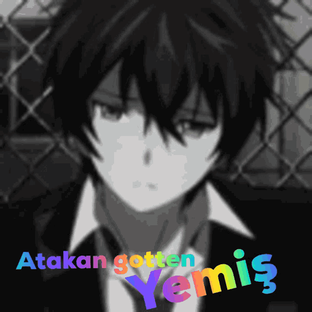 a black and white photo of a boy with the words " atakan gotten yemis " written on it