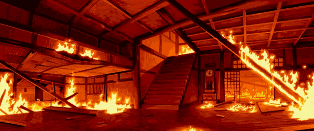 a pixel art of a burning building with a clock in the background