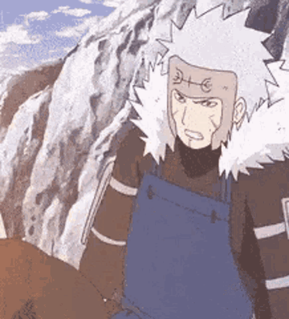 a cartoon character wearing overalls and a helmet is standing next to a mountain .