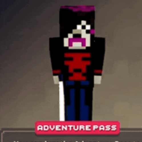 a minecraft character is standing next to a red button that says adventure pass .