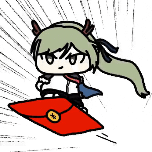 a cartoon girl is flying through the air on a red envelope .