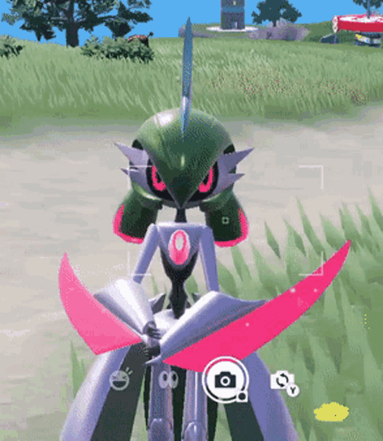 a video game character with a green head and pink wings is standing in the grass