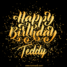 a happy birthday teddy greeting card with gold confetti on a black background