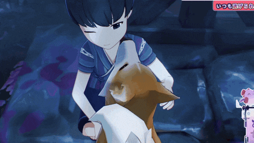 a boy petting a dog in a video game with chinese writing on the bottom