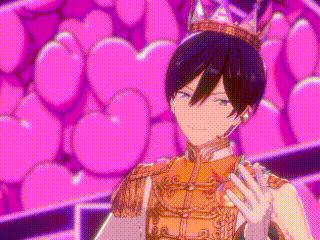 a man wearing a crown and gloves is standing in front of a pink background .