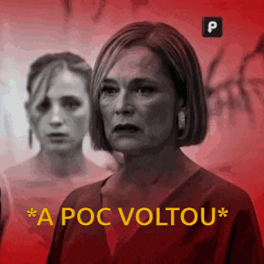 a black and white photo of a woman with the words a poc voltou on the bottom