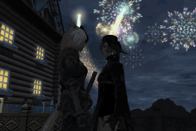 two people standing in front of a firework display
