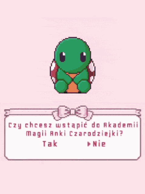 a pixel art of a turtle with the words czy chcesz wstawic do akademii magii anki czarodziejki