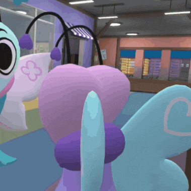 a cartoon character with a purple heart on its back