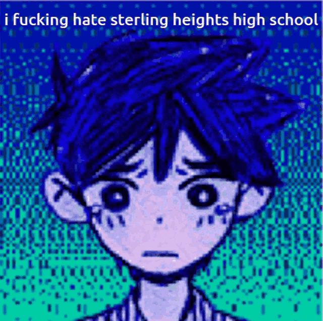 a cartoon of a boy with blue hair and the words i fucking hate sterling heights high school