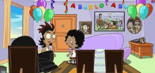 two cartoon characters are standing in a living room with balloons and a banner that says abuelo