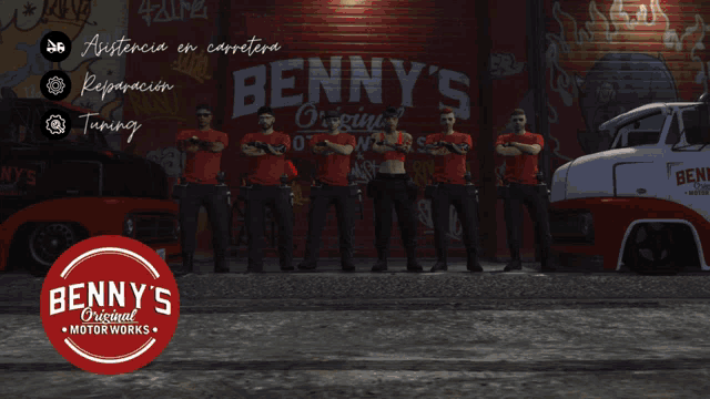 a group of men standing in front of a sign that says benny 's