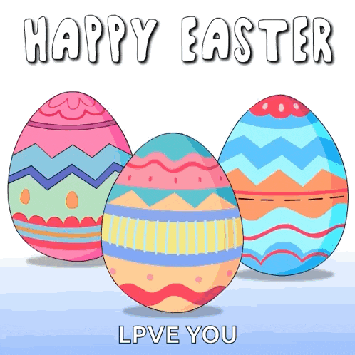 a happy easter greeting card with three colorful easter eggs