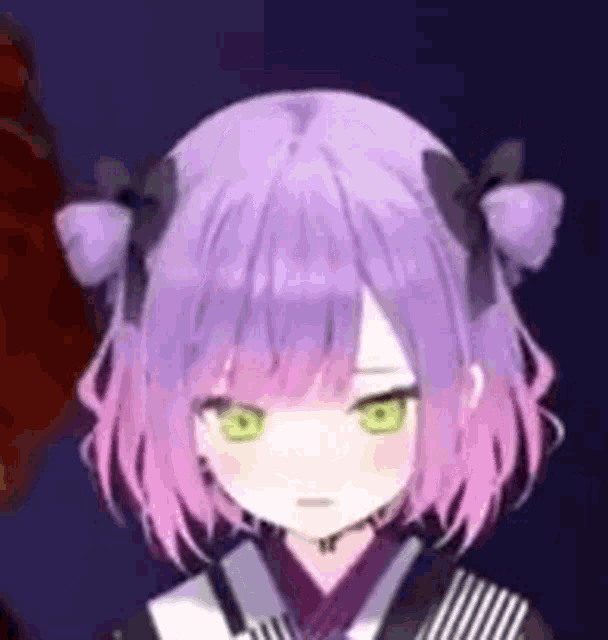 a girl with pink hair and green eyes is wearing a kimono .
