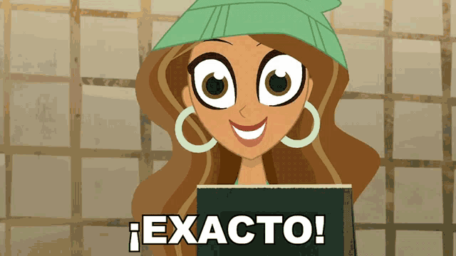 a cartoon girl holding a book that says exacto on it