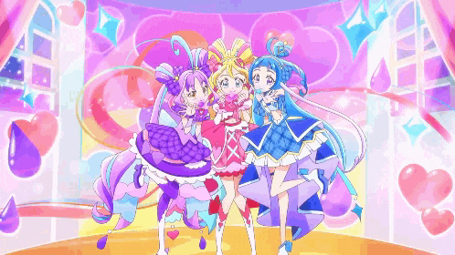 three anime girls are standing next to each other in a room with hearts and balloons